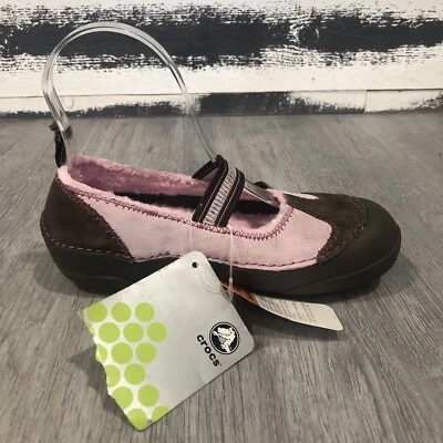 Crocs J1 Girls Size 3 Brown Pink Suede Fleece Lined Dawson Mary Jane 11332 Shoes - Image 1 of 4