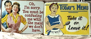 2 - 12.5"x 15" Retro Metal Kitchen Signs Confusing Me w/the Maid & Today's Menu - Picture 1 of 1