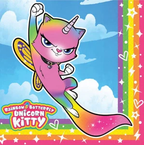 RAINBOW BUTTERFLY UNICORN KITTY birthday party lunch dinner PAPER NAPKINS 16pcs - Picture 1 of 1