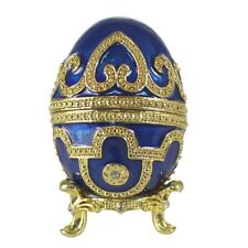 Blue Bejeweled Egg Trinket Box Jewelry Ring W/ Gold Stand Sparkly Hinged Gift