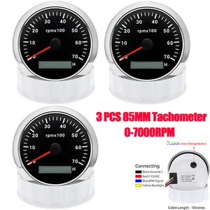 3PCS 85MM Waterproof Tachometer 0-7000RPM with Hourmeter for Boat Car Truck SUV - Picture 1 of 16