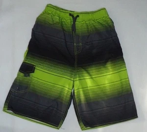 Boys First Wave Board Shorts Lime Grey Black Stripe Swim Suit 14/16 - Picture 1 of 3