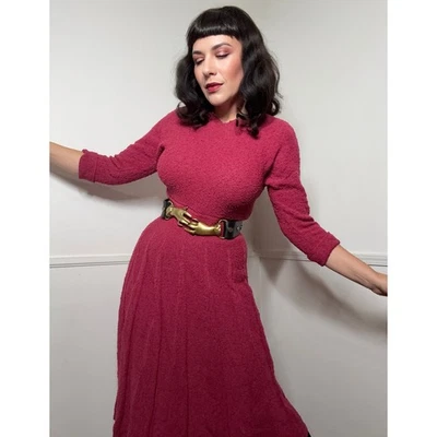 Large 1940s Vintage Maroon Wool Bouclé Knit Dress  - Image 1 of 4