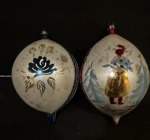 Lot 2 antike Vintage 1920 mundgeblasene bemalte Lg Glas Ornamente Deutsch Polen - Bild 1 von 10