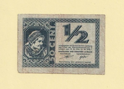 SLOVENIA LAIBACH YUGOSLAVIA 1/2 LIRE 50 CENT 1944 P-R1 F++ RARE - Image 1 of 2