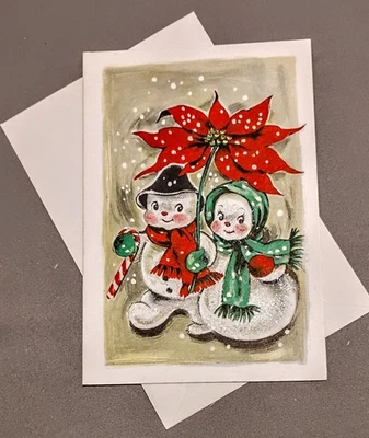 Tarjeta de felicitación de Navidad muñeco de nieve vintage mujer nieve con brillo envolvente SIN USAR sin imprimir Foto 1 de 4
