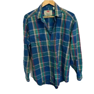 Vintage Levi’s The Two Horse Brand Tag Plaid Blue Button Up Size Medium Green - Picture 1 of 14
