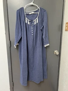 Eileen West Womens Sz XL Nightgown Navy Flannel Soft Full Length Long Slv Lace - Picture 1 of 8