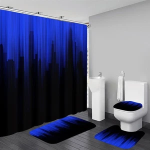 4 Pcs Blue and Black Shower Curtain Sets Non-Slip Rugs Bath Mat Toilet Cover,... - Foto 1 di 8