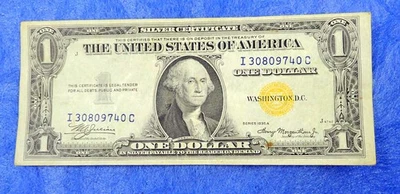 USO EM TEMPO DE GUERRA 1935A EUA 1 DÓLAR CERTIFICADO PRATA SELO AMARELO (N. ÁFRICA) - Imagem 1 de 4