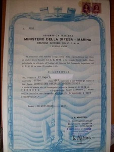 ATTESTATO MINISTERO DELLA DIFESA MARINA DIREZIONE GENERALE DEL C.E.M.M(m26-1-5 ) - Imagen 1 de 1