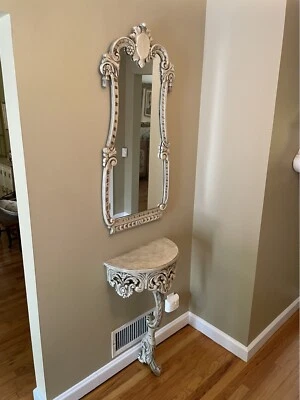 Vintage Italian Baroque Style Table Console Carved Wood Art Nouveau Mirror - Image 1 of 4