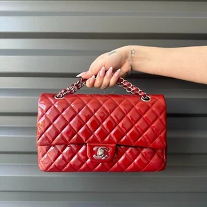CHANEL Cherry Red Patent Quilted Leather Medium Classic Double Flap Silver HW - Picture 1 of 12