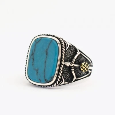 Solid 925 Sterling Silver Turquoise Gemstone Designer Band Men's Ring - Image 1 of 4