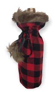 Portabotellas de Vino Bolsas de Regalo Franela Búfalo Cuadros Borde de Piel Sintética con Pompón - Imagen 1 de 6