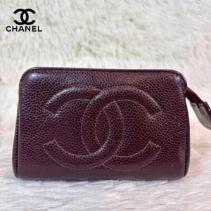 CHANEL Caviar Skin Coco Mark Pouch Wallet Clutch Bag Charm Leather Bordeaux - Picture 1 of 13