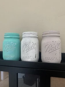 Boho Mason jar decor distressed Ivory set of 3x wedding decor tablescape Chic - Picture 1 of 3