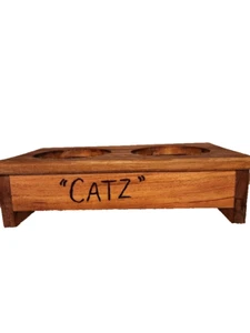 Handmade Wood Cat Feeder Stand “CATZ” Double Bowl Raised Feeding Station Rustic - Picture 1 of 2