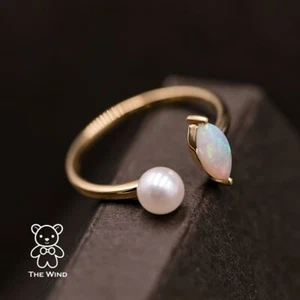 Minimalist Australian Solid Opal Akoya Pearl Open Adjustable Ring 18K Gold - Picture 1 of 11