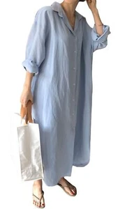 Womens Chic Button Down Rolled-Up Sleeve Long Cotton Blouse Maxi Dress X-Smal... - Picture 1 of 7