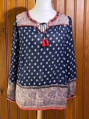 MONSOON Ladies Navy Floaty Sheer Blouse Orange Trim Sequins Ties Size 10 - Image 1 of 4