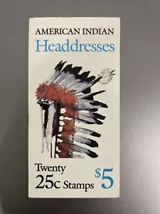 1990 US Scott # 2501 - 05 American Indian Headdresses 25c Booklet 20 Stamps MNH - Picture 1 of 10