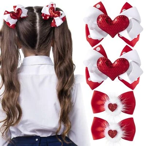 4PCS Heart Hair Bow Clips Red White Glitter Sequins Furry Bows Hair Pins Wedd... - Picture 1 of 7