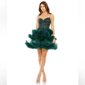 NWT Mac Duggal 20645 Green Thin Strap Beaded Bodice Tiered Ruffle Tulle Dress 10 - Picture 1 of 3
