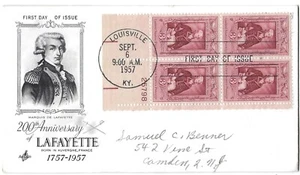 3 '57 FDCs 200th Anniv. Lafayette, PB Louisville, B4 Easton , B4 Fayetteville - Picture 1 of 3