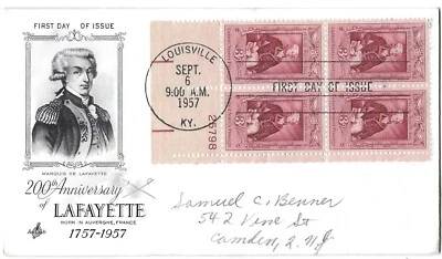 3 '57 FDCs 200th Anniv. Lafayette,  PB Louisville, B4 Easton , B4 Fayetteville - Image 1 of 3