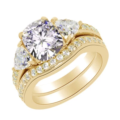 Juego de anillos de compromiso nupcial enchapados en oro amarillo de 14K plata de ley circonitas cúbicas Foto 1 de 2
