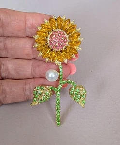 Glass Rhinestone Sunflower Brooch Pin - Picture 1 of 6