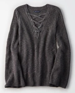 NWT AEO AMERICAN EAGLE Charcoal Gray Chunky Lace-Up Bell-Sleeve Sweater M - Picture 1 of 6