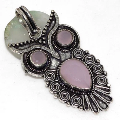 925 Silver Plated-Pink Chalcedony Ethnic Owl Gemstone Pendant Jewelry 2.1" GW - image 1 of 3