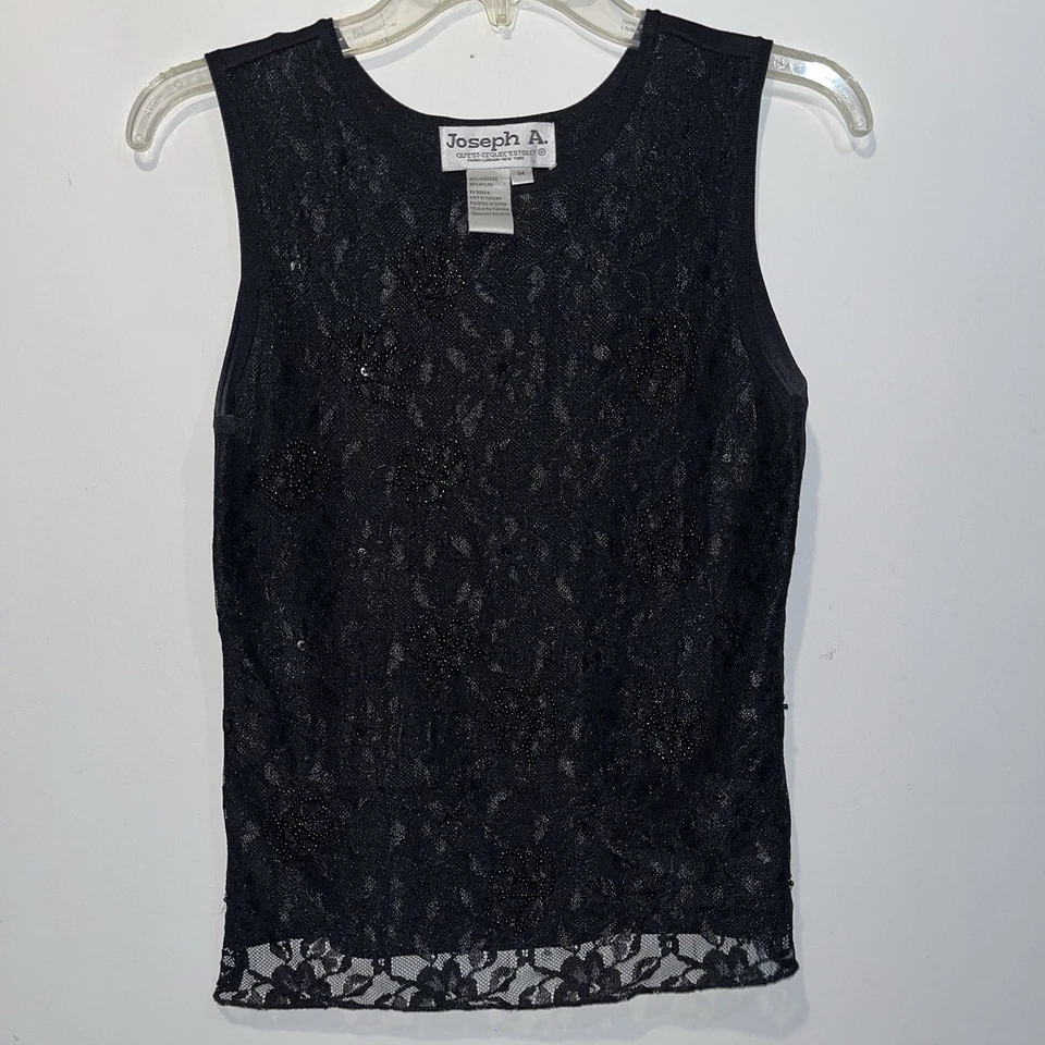 Blusa sin mangas Joseph A para mujer talla mediana negra con superposición de encaje sin mangas Foto 1 de 3