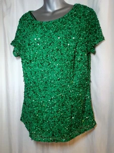 Top Adrianna Papell Lentejuelas Verde Esmeralda Manga Corta Cremallera Talla Pequeña - Imagen 1 de 12