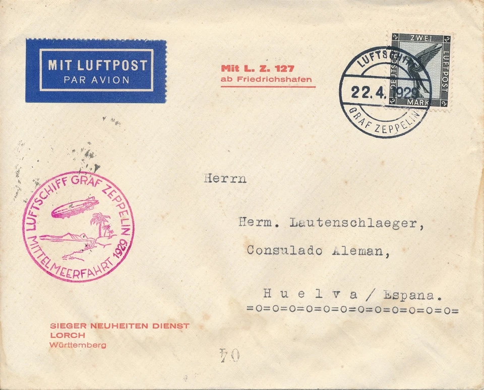 Cover Zeppelin 1929 Airship Spain Heulva Sieger Mediterraneanfahrt LZ 127 Foto 1 de 2
