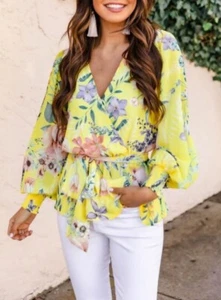 Amarillo Mujer Floral Rosa Lirio Cintura Elástica Peplum Cinturón Mangas Globo S - Imagen 1 de 13
