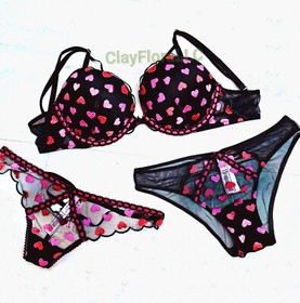 Victoria's Secret Dream Angels Push Up bra set embroidery black heart 5X14 panty