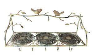 Metal Wall Hanging Shelf 5 Hooks Birds Leaves Branches Aged Look Shabby Chic 18"