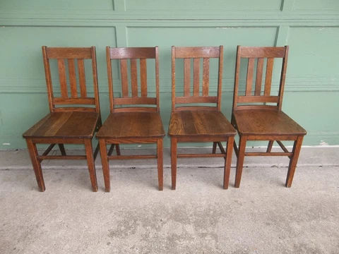 Antique Vintage Set of 4 Arts & Crafts Mission Solid Oak Dining Side Chairs Cover