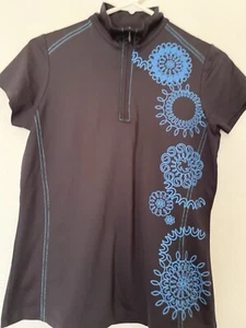 Izod Cool FX Womens Polo Size Small Zip Short Sleeve Shirt Top Floral Black Blue - Picture 1 of 13
