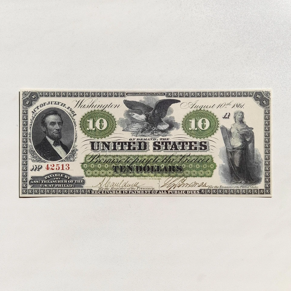 10 Dollars 1861 Philadelphia Demand Note Greenback Reproduction Banknote FrUS#7 - Image 1 of 4