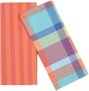 Set of 2 Different Cotton Terry Towels(15"x26") SUMMER BRIGHT PLAID & STRIPES,KO - Picture 1 of 3