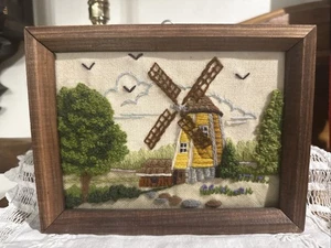 VTG Hand Stitched Crewel Embroidery Framed Art Needlepoint Windmill Farm Country - Picture 1 of 10