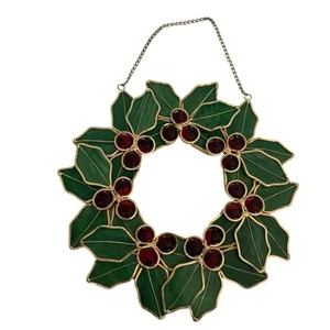 Sun Catcher Hanging Window Art 10” Christmas Holly Berry Wreath Holiday Decor - Picture 1 of 3
