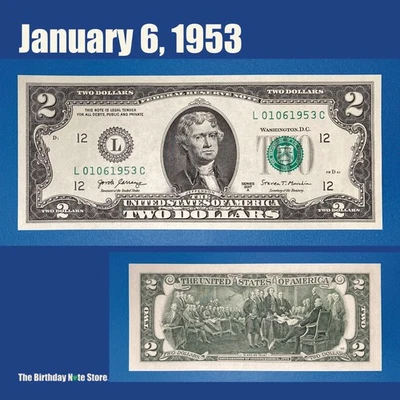 January 6, 1953 Birthday Anniversary $2 Two Dollar Bill Serial Number 01061953 - Image 1 of 2