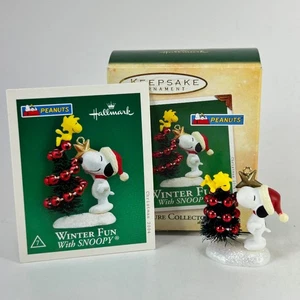 Hallmark Mini Ornament 2004 Winter Fun with Snoopy #7 Decorates Tree w Woodstock - Picture 1 of 13