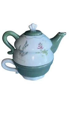 Sonoma Tea set for  1 Stacked Teapot Teacup Herbs Herb Garden 3 pc green/beige - Image 1 of 4