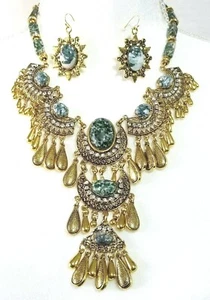 Pendientes collar babero oro grande cristal brillante ágata piedras preciosas únicos en su clase - Imagen 1 de 7
